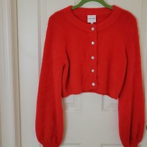 Rhinestone Button Fuzzy Red Cropped Cardigan M